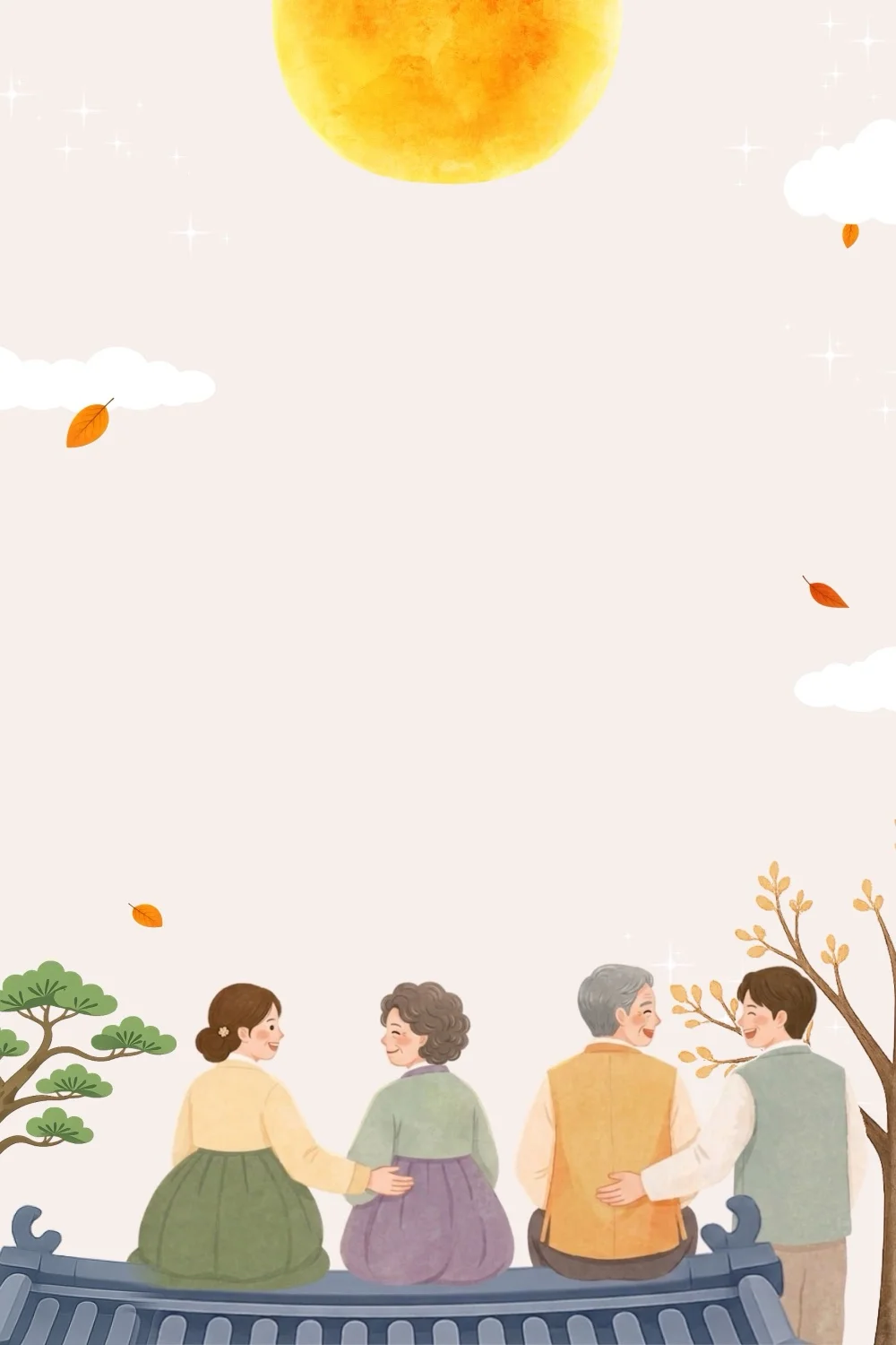 보름달 아래 마루에 나란히 앉은 가족의 뒷모습