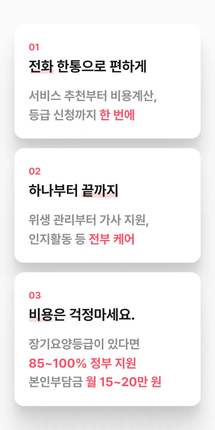 케어링 방문요양 핵심 혜택 - 간편 신청·전체 케어·85~100% 정부 지원 안내